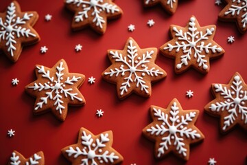Fototapeta na wymiar Snowflake-themed holiday treats on a red backdrop