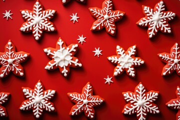 Holiday treats resembling snowflakes on a vibrant red background