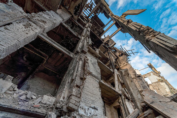 destroyed and burned houses in the city during the war in Ukraine