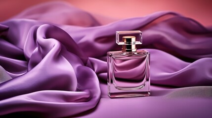 perfume bottle on a folded purple silk fabric - product photo mockup (generative AI) - obrazy, fototapety, plakaty