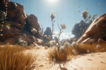 A breathtakingly detailed desert landscape in Unreal Engine 5, featuring floating tumbleweeds and glittering particles. Generative AI