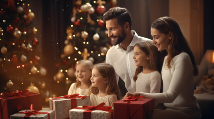 Father, mother and children celebrate New Year's Day together. with gift box and Christmas trees all around