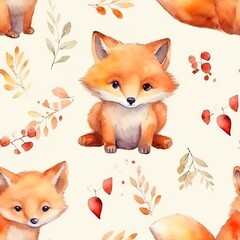 Cute watercolor fox nursery seamless pattern in blue