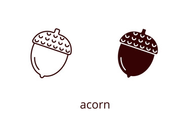 Acorn icon, line editable stroke and silhouette