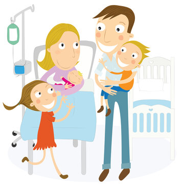 Mother and father with their newborn baby and son and daughter in the maternity ward. Vector Illustration.