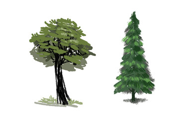 Fototapeta premium Colorful set of trees. Cluster of plant. landscape and front view. Hand drawn modern illustration. Isolated design element. Poster, print template.