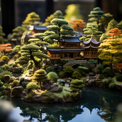 Fototapeta premium mini Japanese garden. The garden consists of a variety of trees, bushes and flowers in different shades of colours