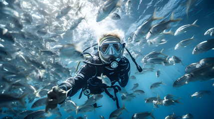 Diver diving with fish He was wearing a diving suit with an oxygen tank on his back. - obrazy, fototapety, plakaty