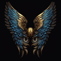 Blue and gold wings images, beautiful angel wings images, angel wings images black background AI Generated art