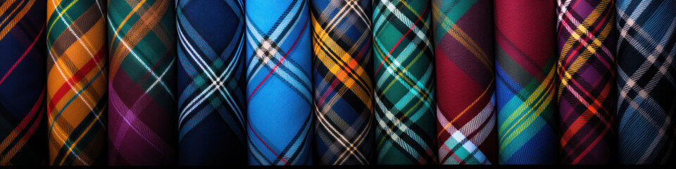 traditional tartan pattern of Scotland, featuring distinctive crisscross design in various colors - obrazy, fototapety, plakaty