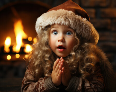 Cozy Christmas Celebration: Child with Santa Hat. Generative AI