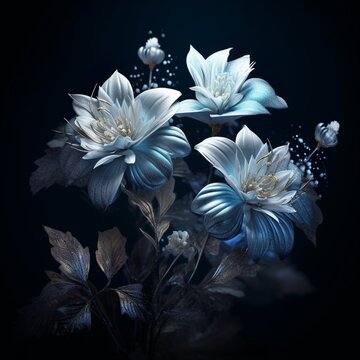 Blue and silver magical glow flowers AI image