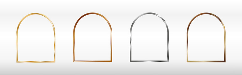 Gold, silver, bronze, copper arched frames for a picture or photo. 3d vector illustration on a white background.