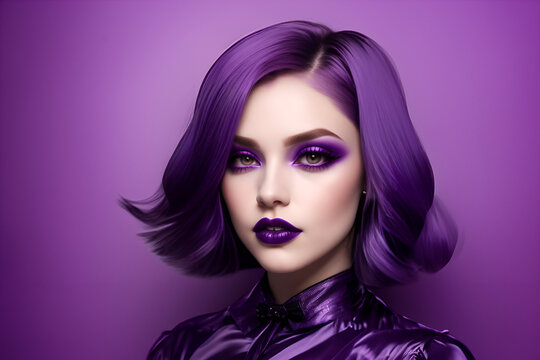 Portrait of a fashion model with purple hair, purple eyes, purple dress and purple makeup - Generative AI