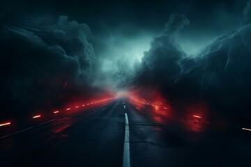 Mysterious road at night with futuristic technology and smoke. Generative AI