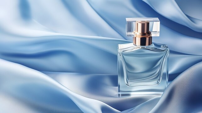 Generative AI, Bottle of perfume on a blue silk background. Glass flask with blue fragrance packaging design mock up