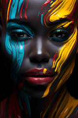 Close-up of woman's face wearing vivid colours make up. Paintcore drip face. 