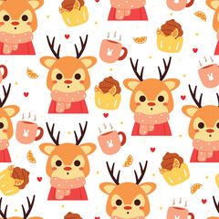 seamless pattern cartoon deer wearing scarf. cute animal wallpaper with dessert illustration for gift wrap paper, winter wallpaper