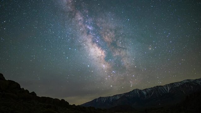 Timelapse pan shot of Milky Way galaxy over Sierra Nevada mountains in California, USA