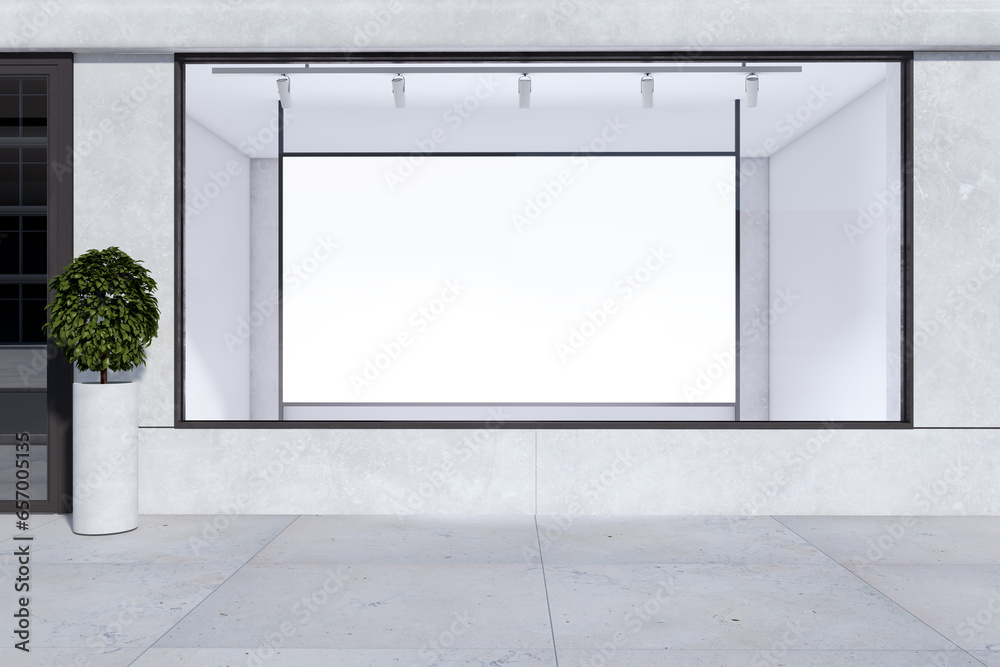 Poster empty storefront window with white mock up banner for your advertisement and decorative plant. displ