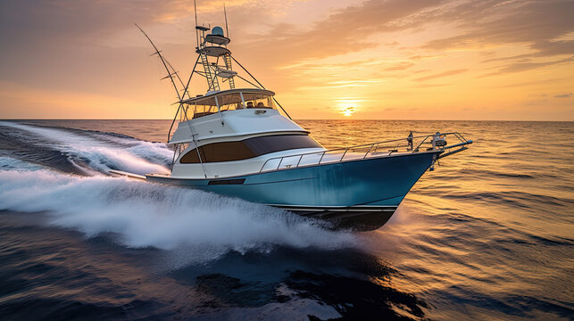 Fishing boat and fisherman in ocean at dawn