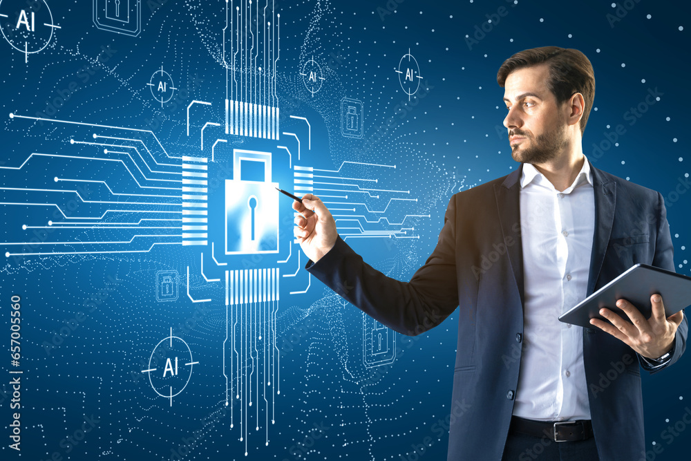 Poster attractive thoughtful young businessman with tablet pointing at creative glowing padlock hologram on