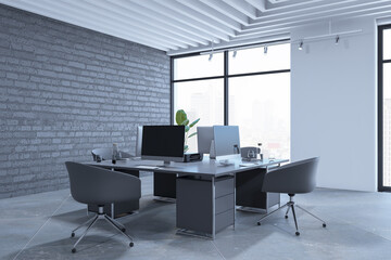 Light coworking office interior with furniture, windows and city view. Empty room. 3D Rendering.