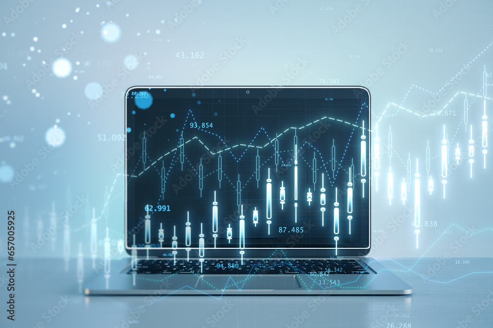 Poster close up of laptop with creative glowing forex chart hologram on blurry background. trade and financ
