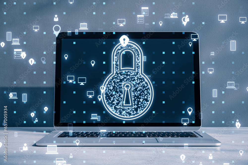Poster close up of table with laptop and creative digital padlock hologram and pixel icons on blurry blue b