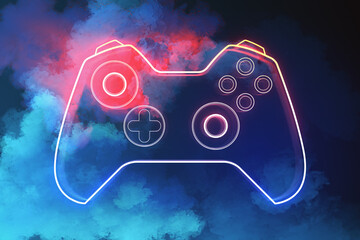 Creative joystick or gamepad hologram on blurry blue smoke background. Esport, gaming and fun concept. 3D Rendering. © Who is Danny