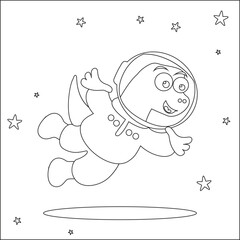 Funny dino astronaut in space. Dinosaur in outer space. Vector hand-drawn coloring children's illustration. Creative vector Childish design for kids activity colouring book or page.