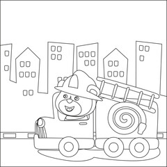 coloring book or page of fire rescue car, cartoon with funny driver, Cartoon isolated vector illustration, Creative vector Childish design for kids activity colouring book or page.