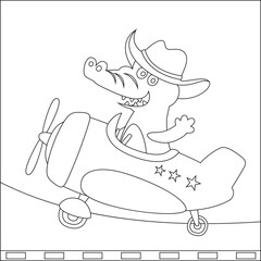 Vector illustration of cute animal pilot flies in the sky on an airplane. Creative vector Childish design for kids activity colouring book or page.