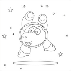 Funny dino astronaut in space. Dinosaur in outer space. Vector hand-drawn coloring children's illustration. Creative vector Childish design for kids activity colouring book or page.