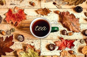 Autumn tea in photo reworked for drawing. Hot tea in a cup on natural autumn background. - 657007169