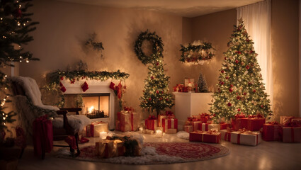 Christmas tree with presents and fireplace in the living room at home.with generative AI