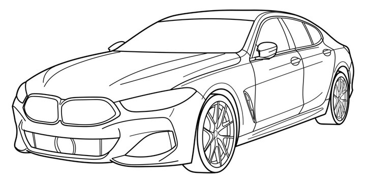 Ivano-Frankivsk, Ukraine - 2 October 2023: Outline drawing of a BMW M850i 8 series classic executive busines sport car, sedane car from front and side view. Vector doodle illustration