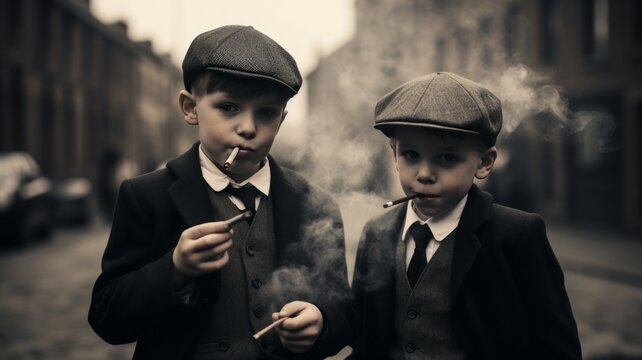 a black and white vintage close-up portrait of two young white boys elegantly dressed wearing jackets ties and waistcoats 1920th fashion style smoking cigarettes