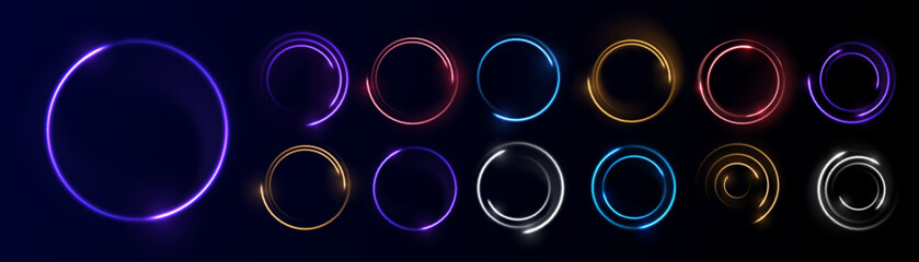 Neon circle frame on blue background. Glowing neon circle frame. Set of neon glowing circles. Glowing rings on dark background. Vector illustration - obrazy, fototapety, plakaty