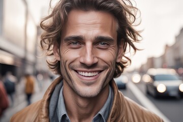 Obraz premium portrait of a smiling man walking on street