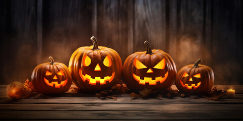 Row of jack-o-lantern pumpkins and candles on wooden table with wooden backdrop. Halloween background. Generative AI