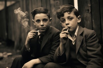 a black and white vintage close-up portrait of two young teen white boys elegantly dressed wearing jackets ties waistcoats 1920th fashion style smoking cigarettes - obrazy, fototapety, plakaty