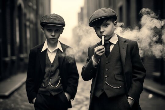 a black and white vintage close-up portrait of two young teen white boys elegantly dressed wearing jackets ties waistcoats and peaky blinders 1920th fashion style smoking cigarettes