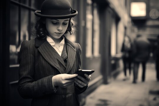 a black and white vintage close-up portrait of a young teen white girl elegantly dressed wearing a suit and a bowl hat 1920th fashion style using a smartphone