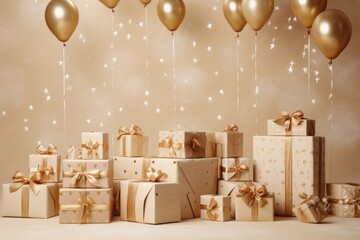 balloons with helium tied to present boxes with ribbons and packaging decoration, beige colored...