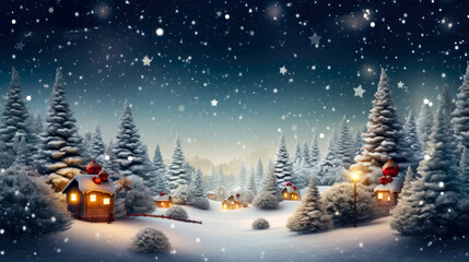 Christmas night. Snowy trees and houses with sky full of stars in winter. Background illustration. 