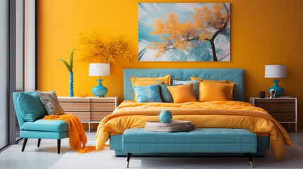 Vivid hues mimic a summer storm, with lightning flashes illuminating a tranquil bedroom.