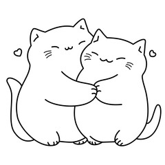 Linear vector illustration for valentine's day. Cute fat cats hugging, hearts around. Black and white illustration. Vector illustration