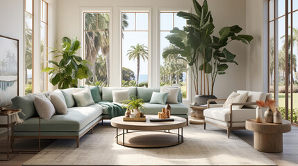A living room oasis, lush greenery swaying in a gentle breeze.