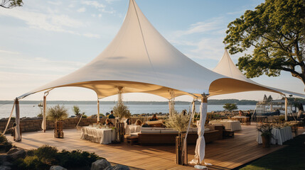 Sailcloth draped overhead, creating a maritime-inspired canopy.